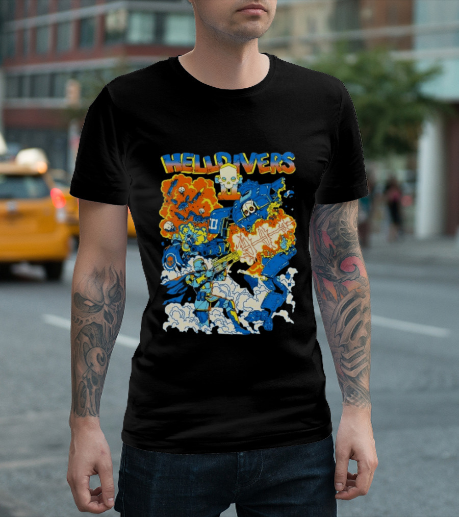 Helldivers Super Earth Soldier Combat Action Explosive Battle Scene T-Shirt