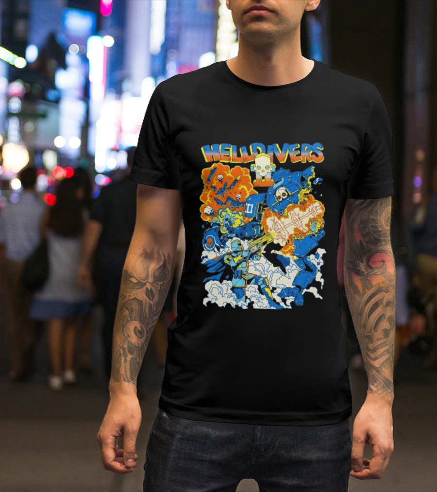 Helldivers Super Earth Soldier Combat Action Explosive Battle Scene T-Shirt
