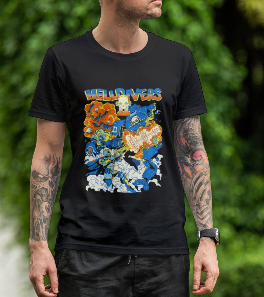 Helldivers Super Earth Soldier Combat Action Explosive Battle Scene T-Shirt