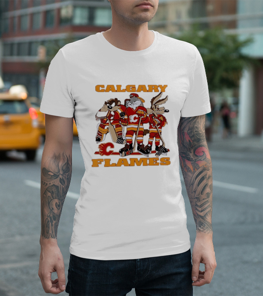 Calgary Flames Looney Tunes Bugs Bunny Hockey Team Characters T-Shirt