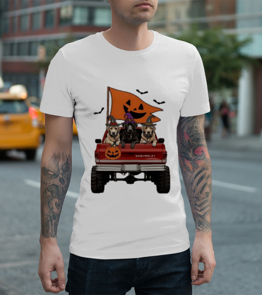 Chevrolet Halloween Dogs In Truck With Pumpkin And Bats T-Shirt