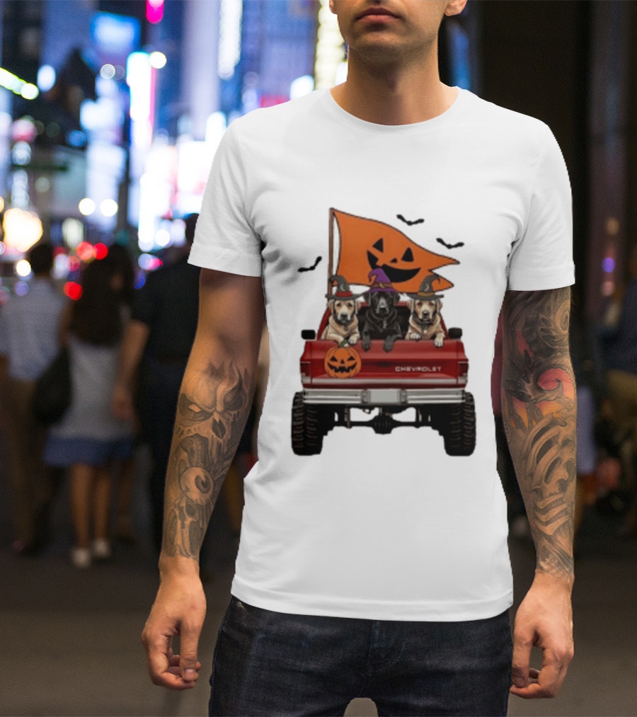Chevrolet Halloween Dogs In Truck With Pumpkin And Bats T-Shirt
