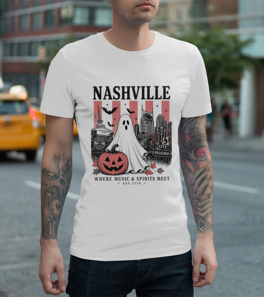 Nashville Halloween Ghost Music Spirits Skyline Pumpkin Bats T-Shirt