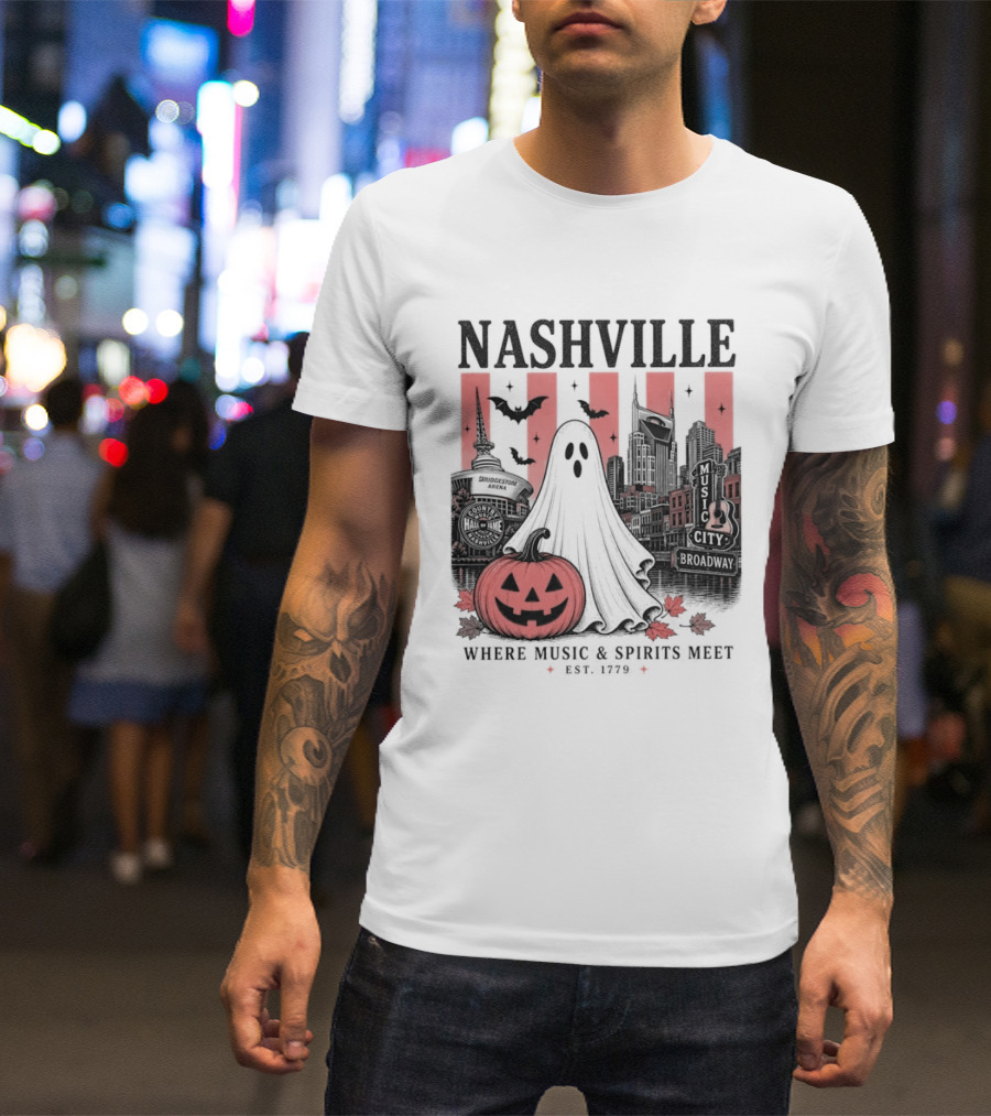 Nashville Halloween Ghost Music Spirits Skyline Pumpkin Bats T-Shirt