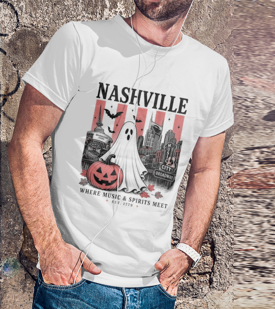 Nashville Halloween Ghost Music Spirits Skyline Pumpkin Bats T-Shirt