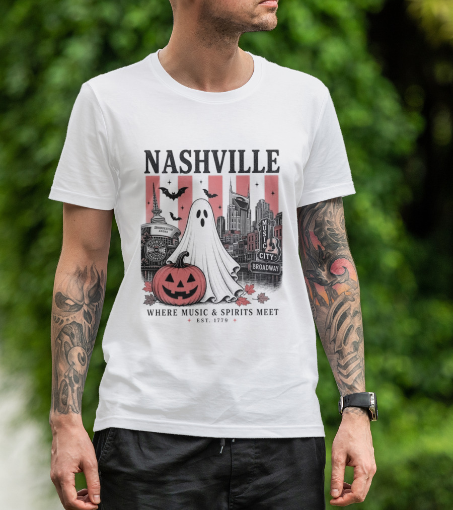 Nashville Halloween Ghost Music Spirits Skyline Pumpkin Bats T-Shirt