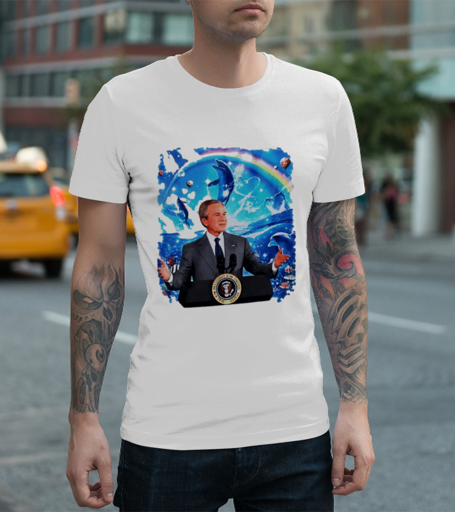 George W Bush Dolphins Coexist Peacefully With Rainbow And Ocean Scene T-Shirt