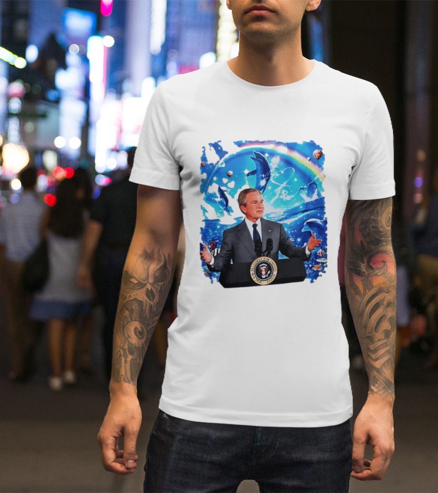 George W Bush Dolphins Coexist Peacefully With Rainbow And Ocean Scene T-Shirt