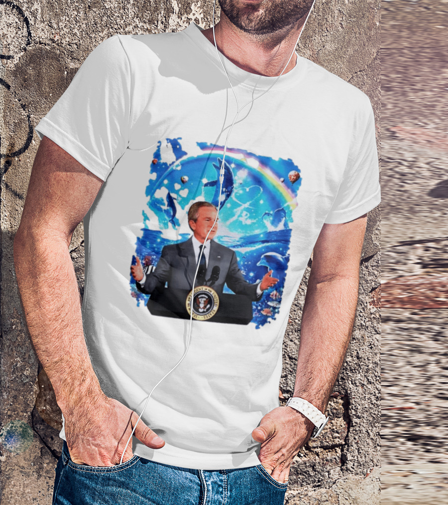 George W Bush Dolphins Coexist Peacefully With Rainbow And Ocean Scene T-Shirt