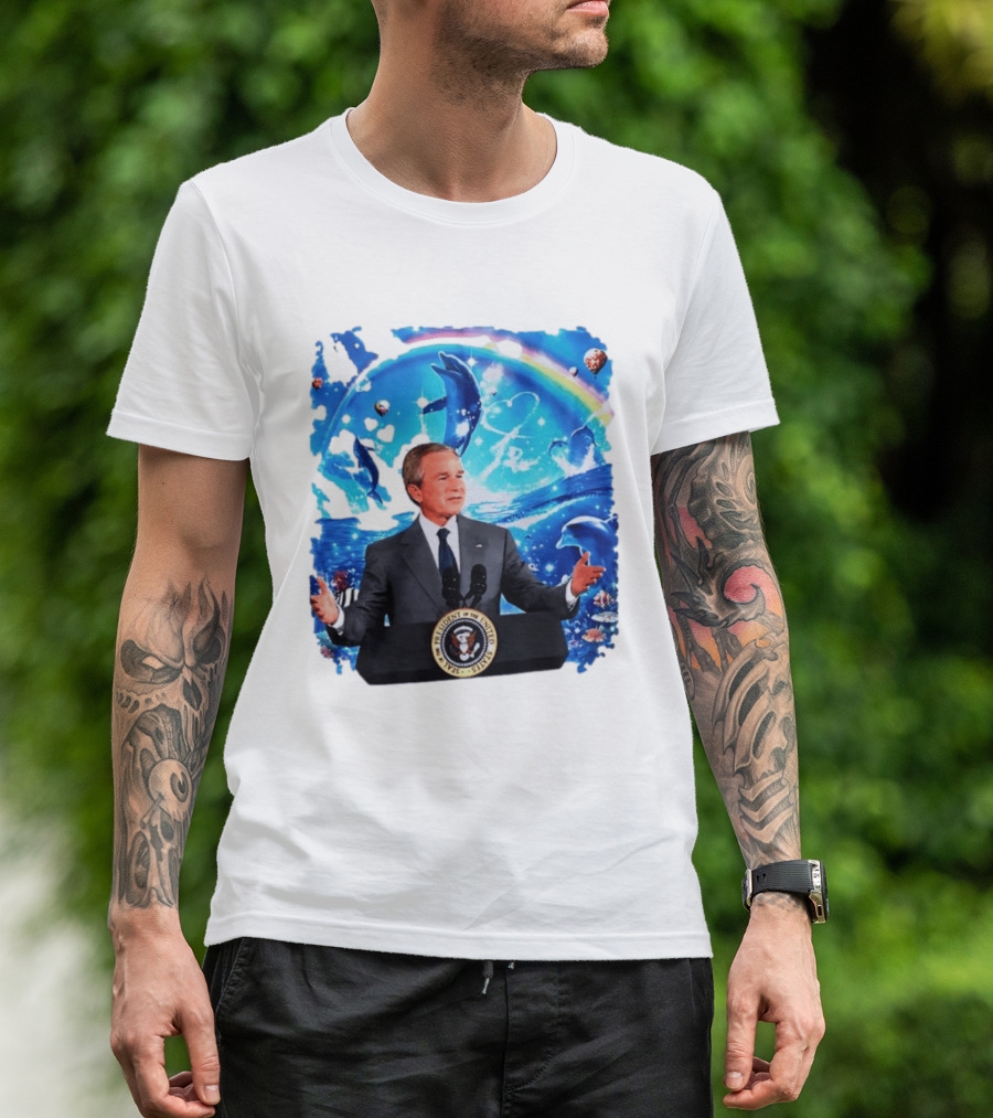 George W Bush Dolphins Coexist Peacefully With Rainbow And Ocean Scene T-Shirt