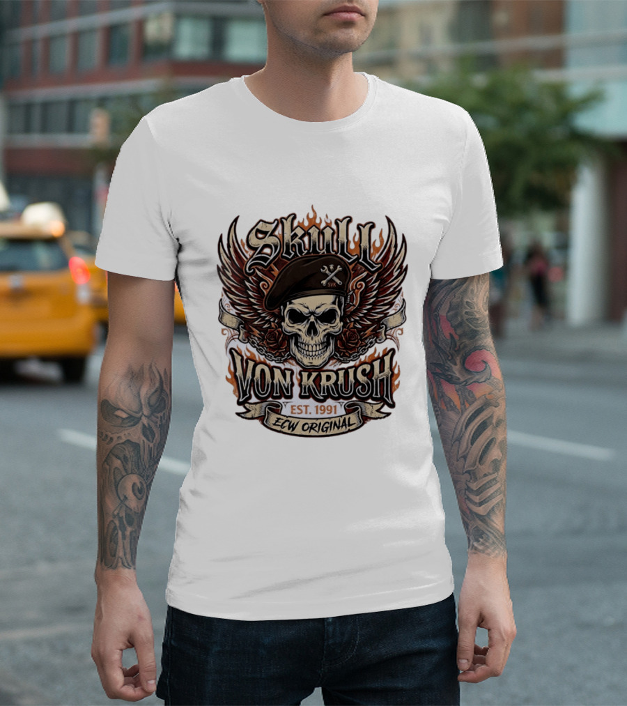 Skull Von Krush SVK Est 1991 ECW Original Flame Wings Roses T-Shirt