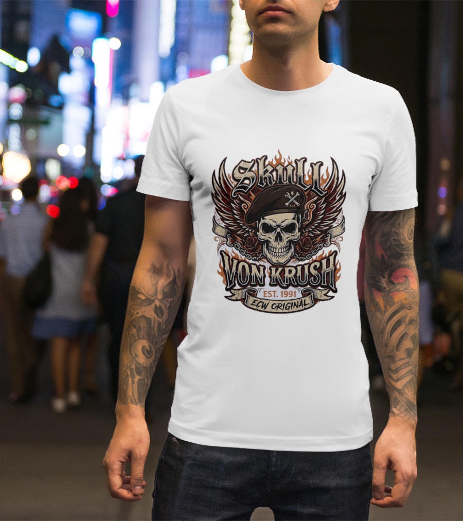 Skull Von Krush SVK Est 1991 ECW Original Flame Wings Roses T-Shirt