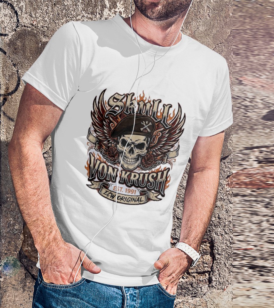 Skull Von Krush SVK Est 1991 ECW Original Flame Wings Roses T-Shirt