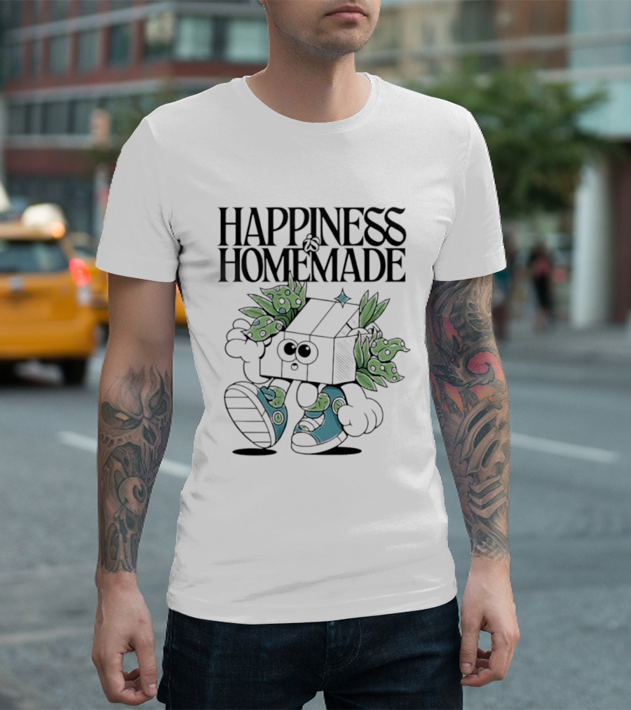 Happiness Is Homemade Cute Cartoon Box Character With Flowers T-Shirt