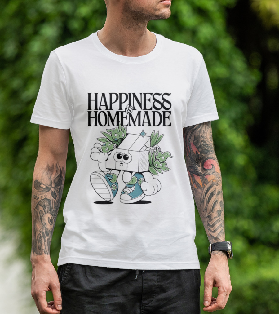 Happiness Is Homemade Cute Cartoon Box Character With Flowers T-Shirt