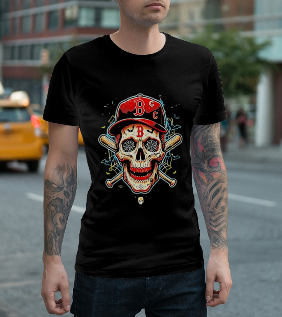 Boston Red Sox Skull Baseball Crossed Bats Red Cap T-Shirt