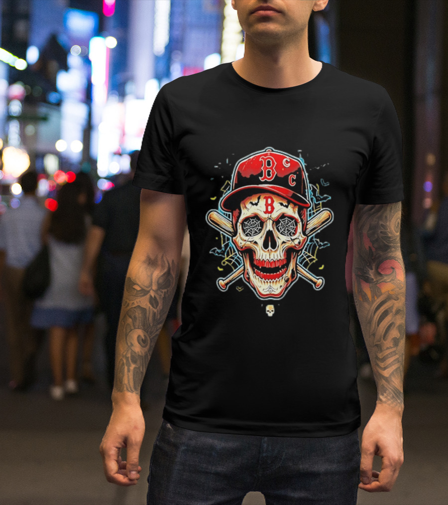 Boston Red Sox Skull Baseball Crossed Bats Red Cap T-Shirt