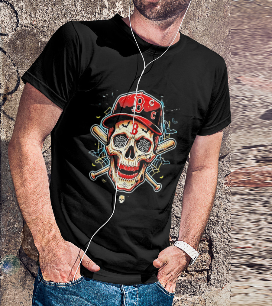 Boston Red Sox Skull Baseball Crossed Bats Red Cap T-Shirt