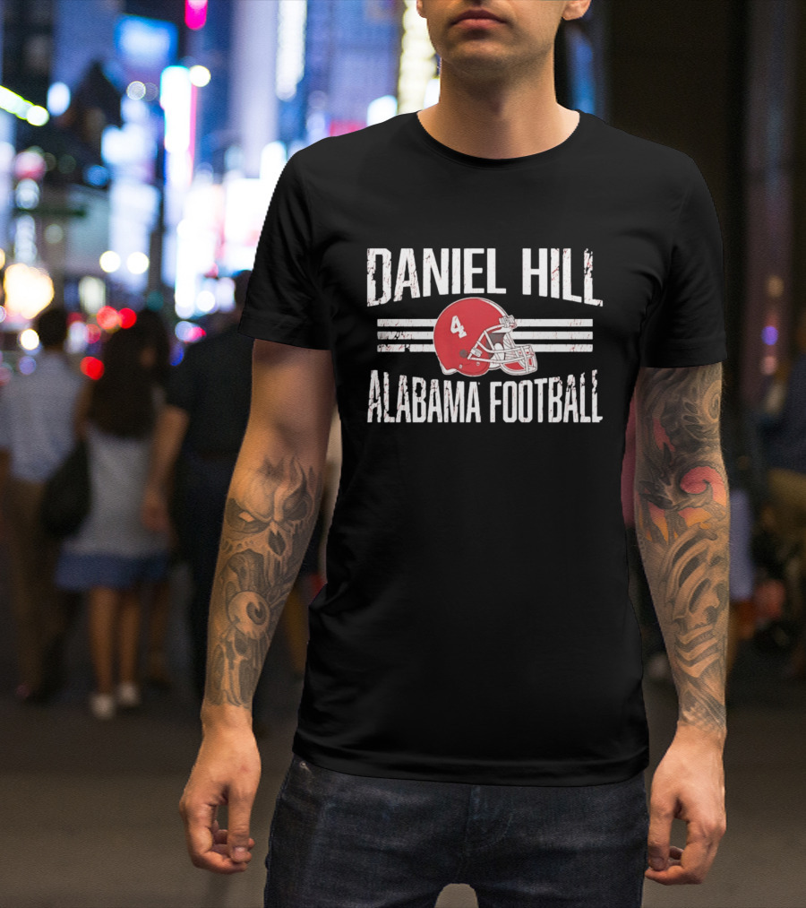 Daniel Hill Alabama Football Number 4 Red Helmet Distressed T-Shirt
