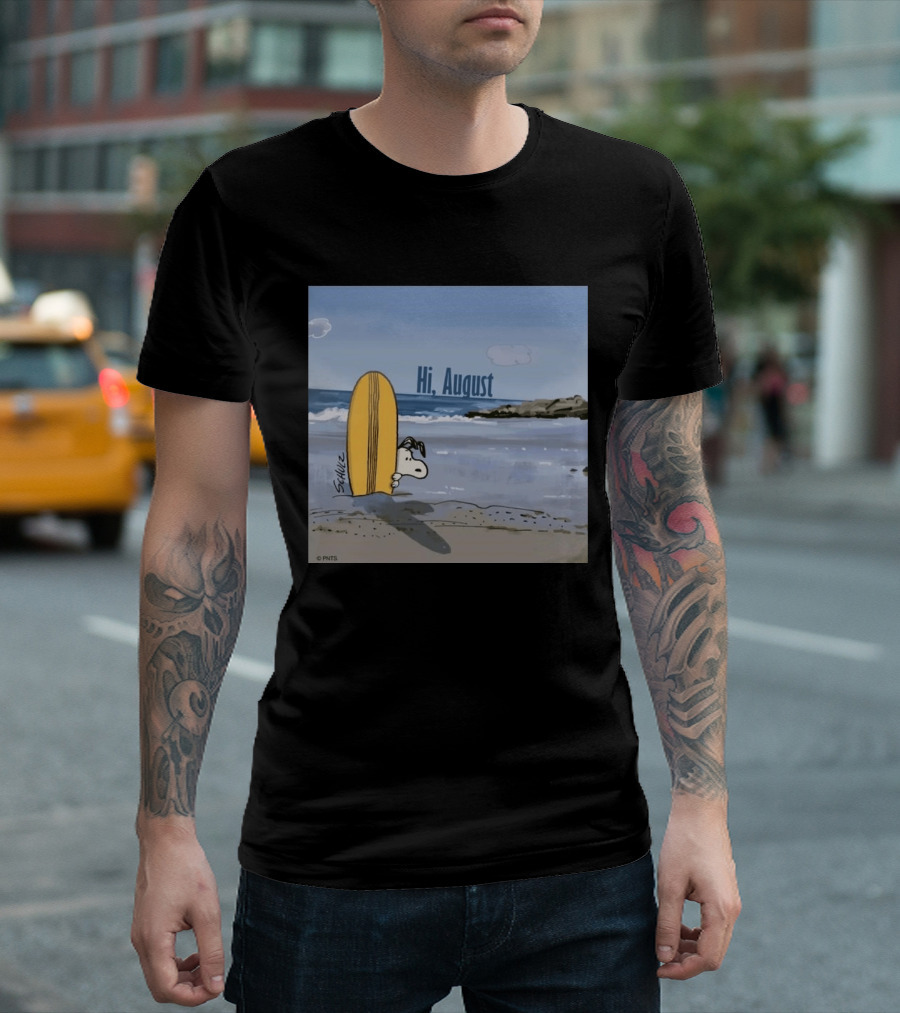 Snoopy Hi August Surfboard Beach Scene By Schulz T-Shirt
