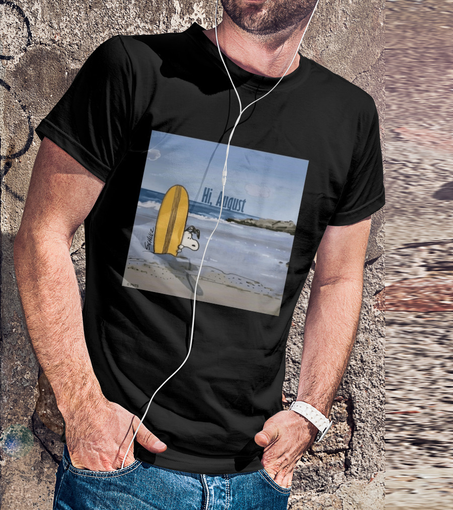 Snoopy Hi August Surfboard Beach Scene By Schulz T-Shirt