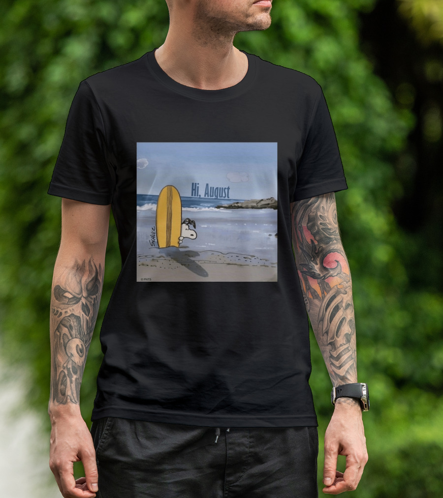 Snoopy Hi August Surfboard Beach Scene By Schulz T-Shirt