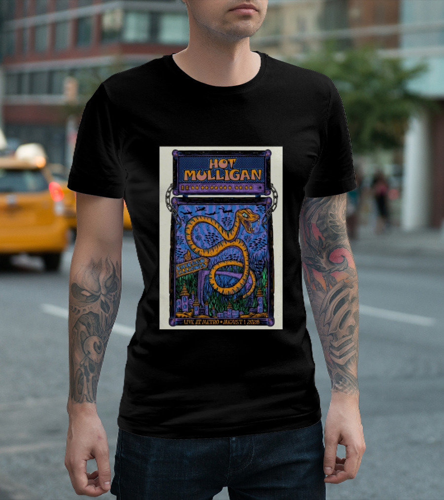 Hot Mulligan Live At Metro Chicago Illinois August 1 2026 With Snake And Cityscape T-Shirt