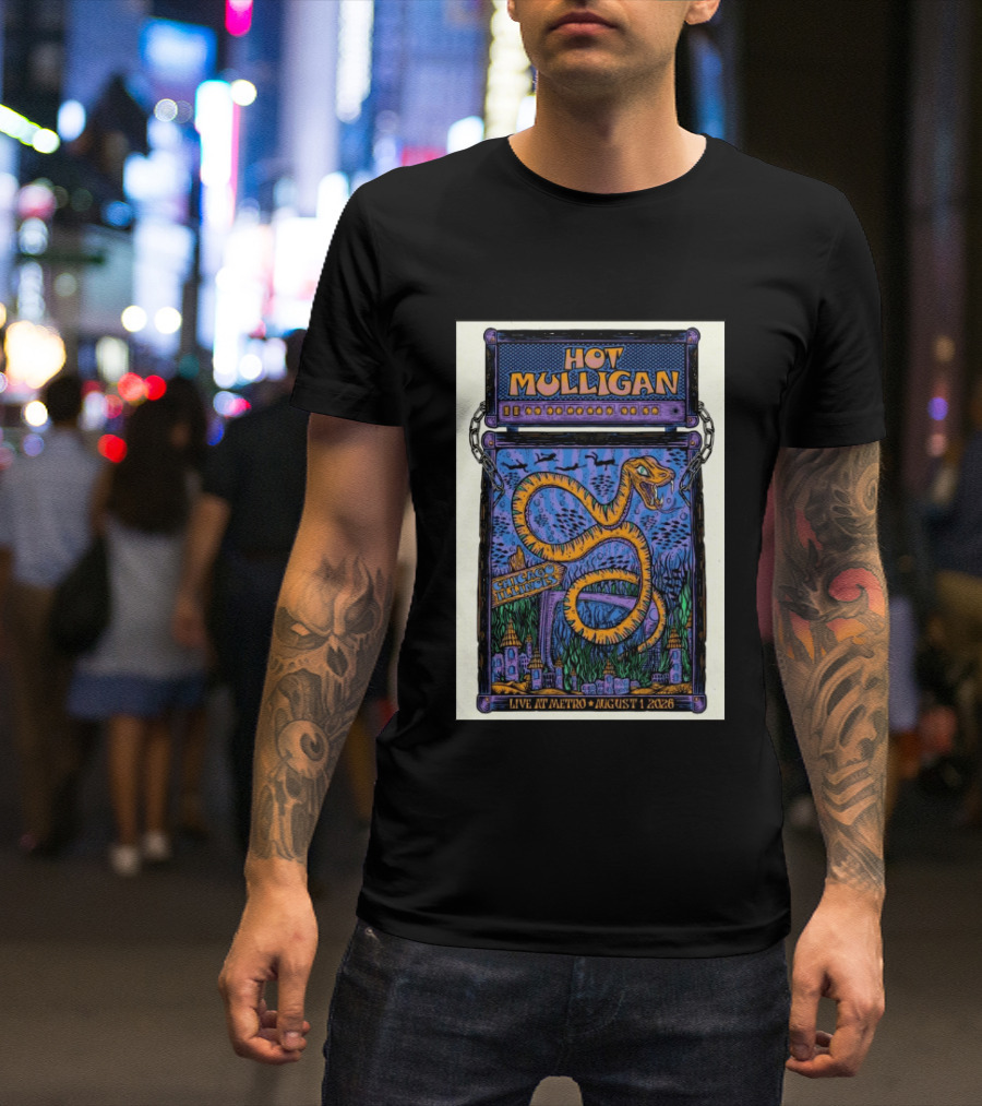 Hot Mulligan Live At Metro Chicago Illinois August 1 2026 With Snake And Cityscape T-Shirt