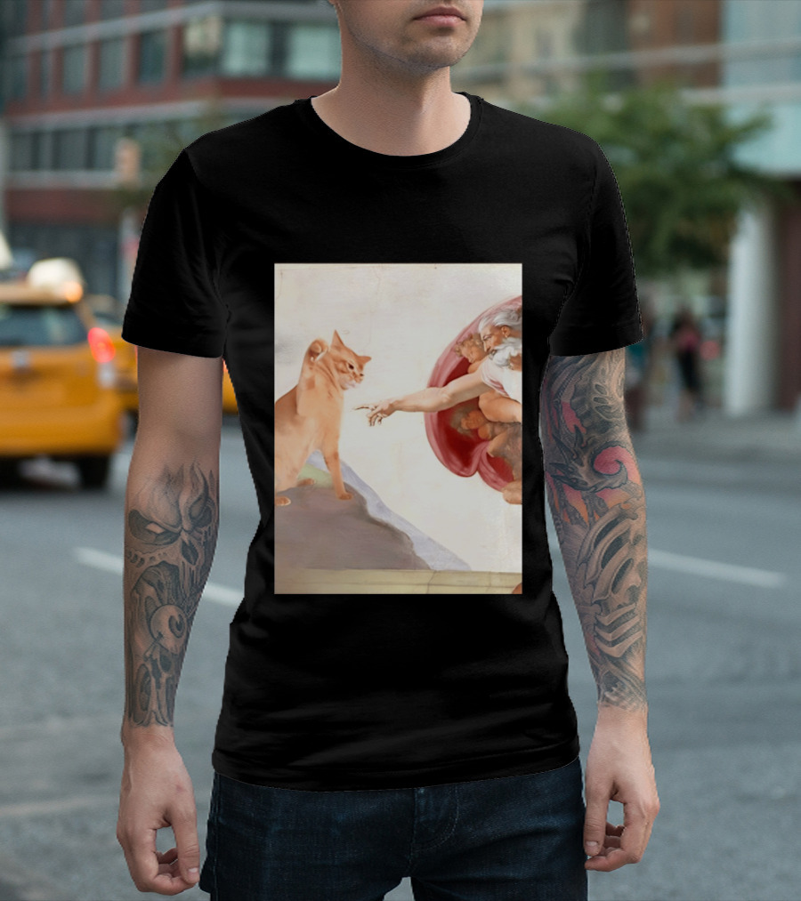 The Creation Of Adam With A Cat By Michelangelo T-Shirt