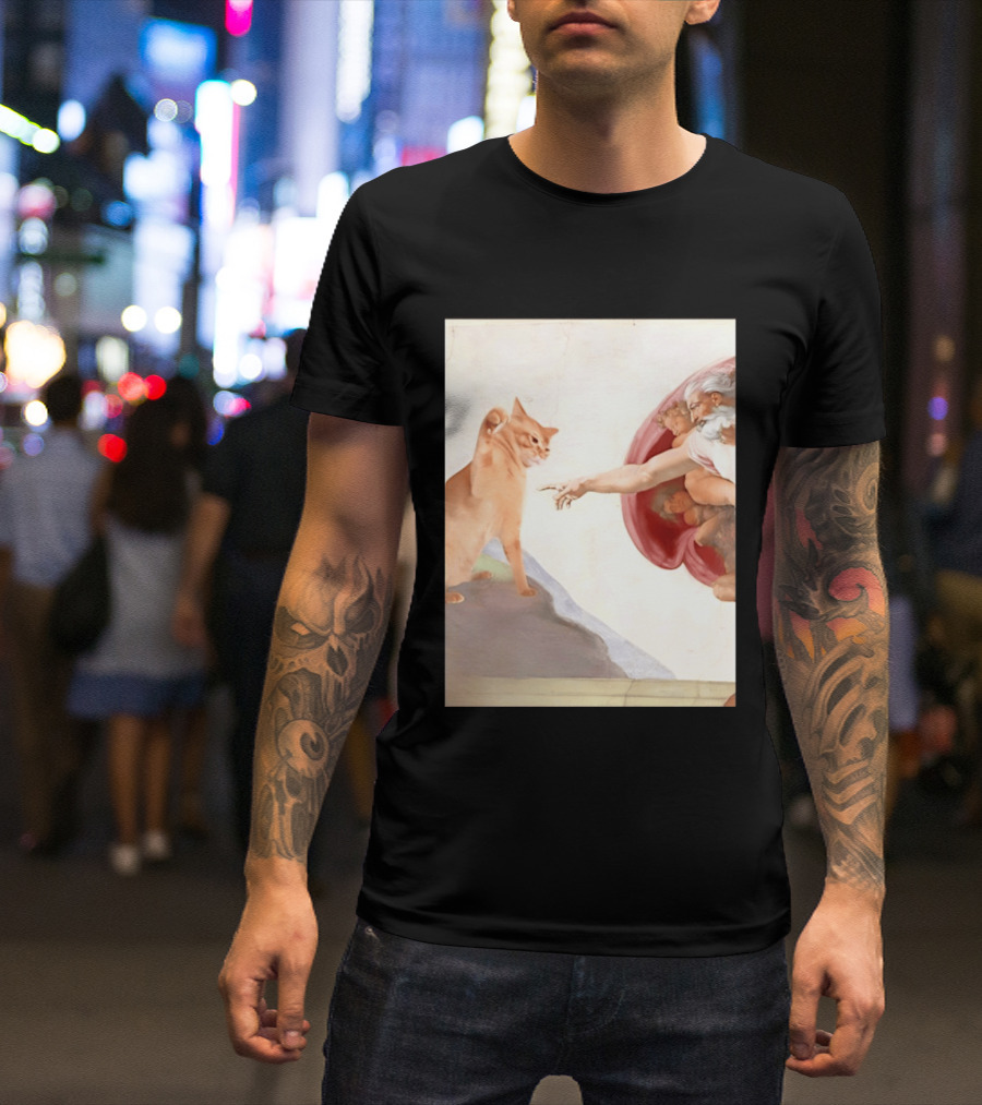 The Creation Of Adam With A Cat By Michelangelo T-Shirt