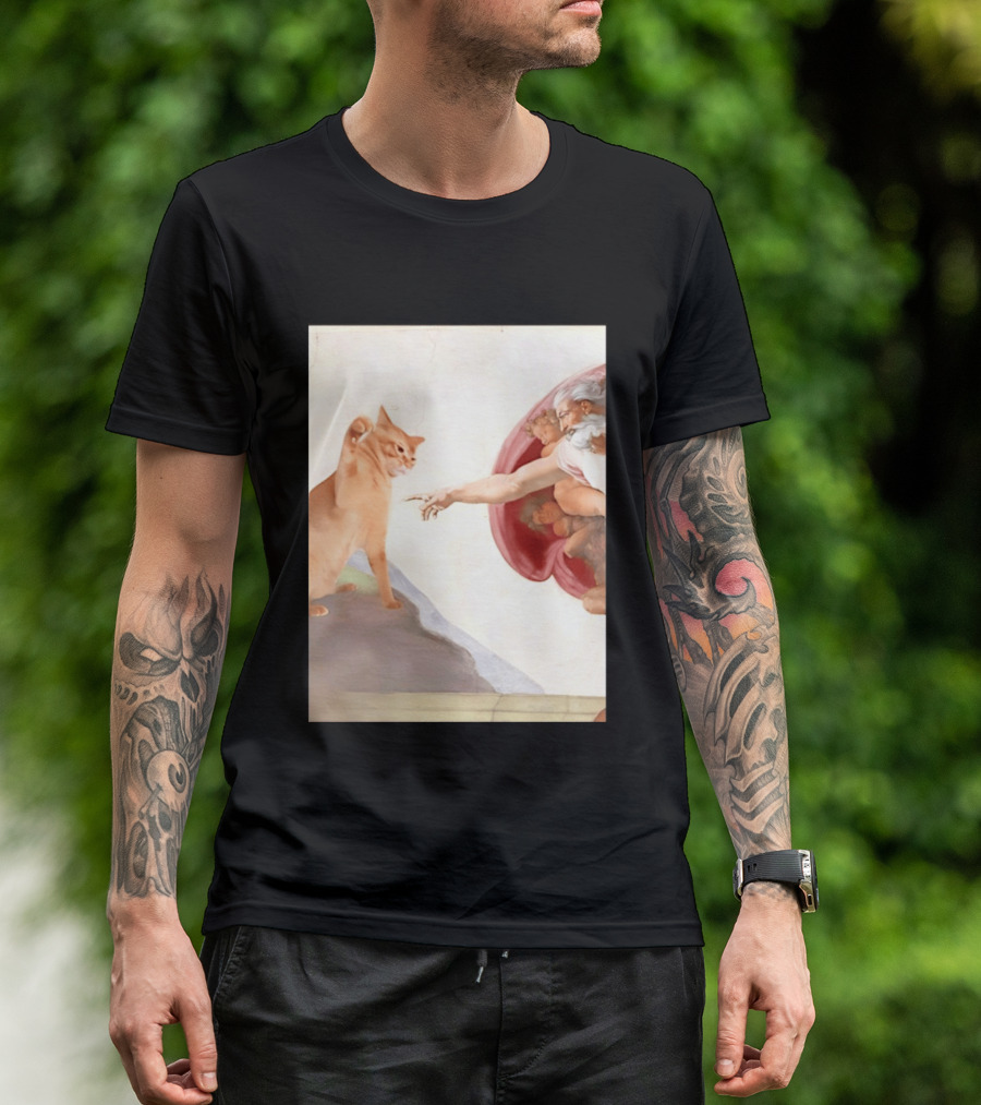 The Creation Of Adam With A Cat By Michelangelo T-Shirt