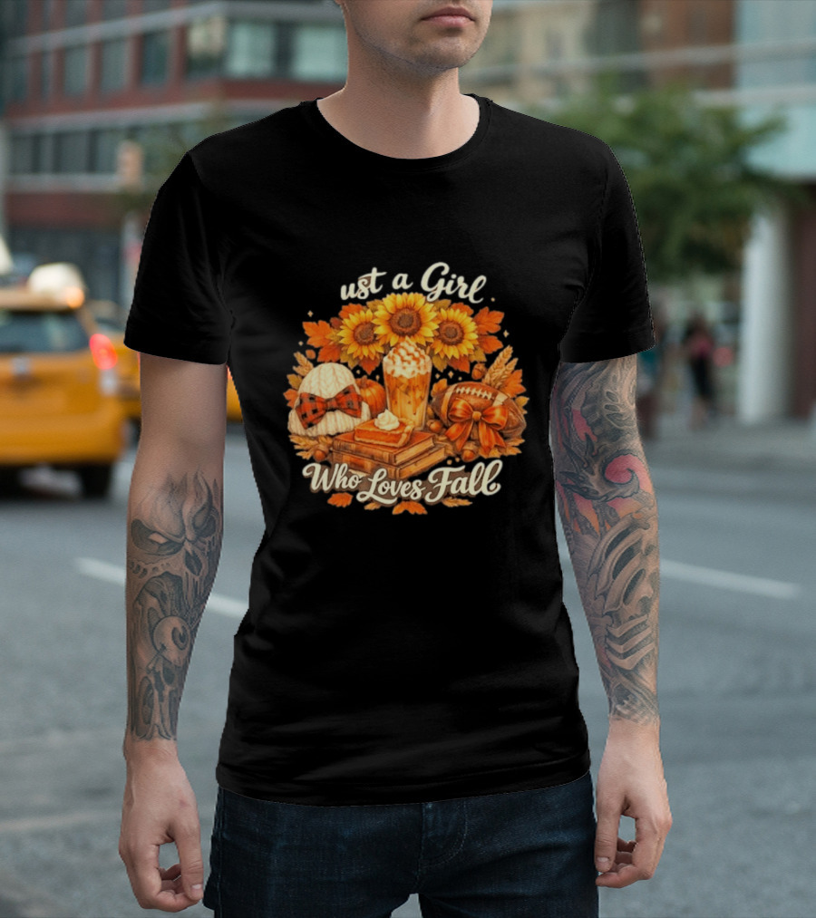 Just A Girl Who Loves Fall Sunflowers Pumpkins Leaves Cozy Autumn Aesthetic Football T-Shirt
