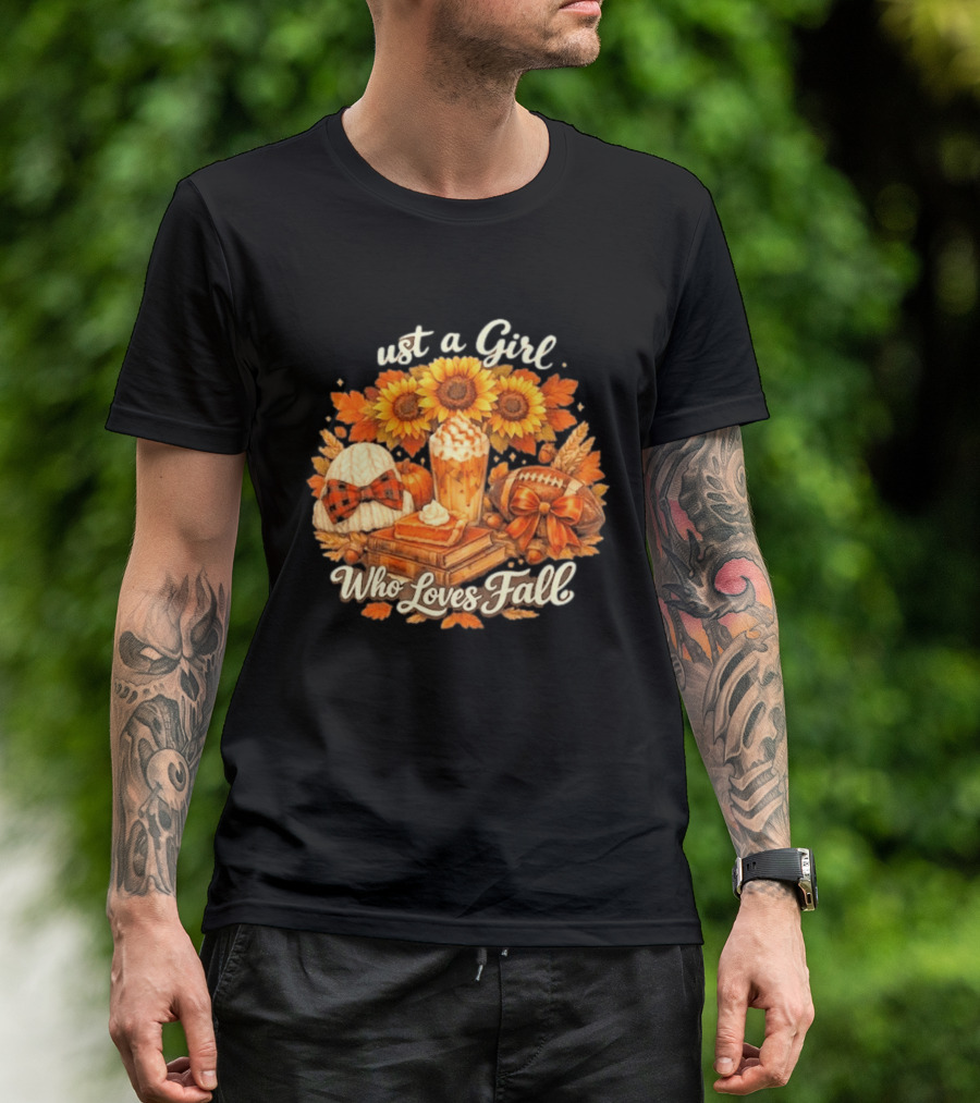 Just A Girl Who Loves Fall Sunflowers Pumpkins Leaves Cozy Autumn Aesthetic Football T-Shirt