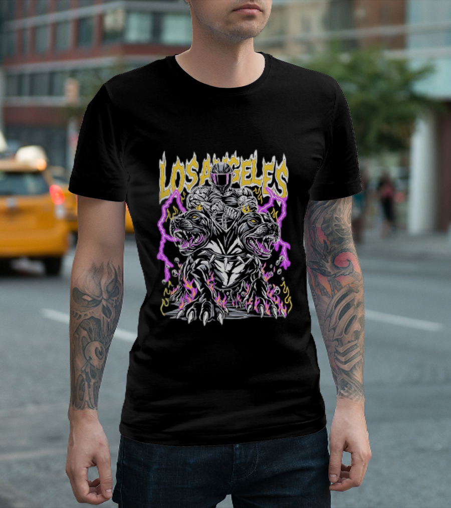 Los Angeles Rider With Two Headed Pitbull And Flames T-Shirt