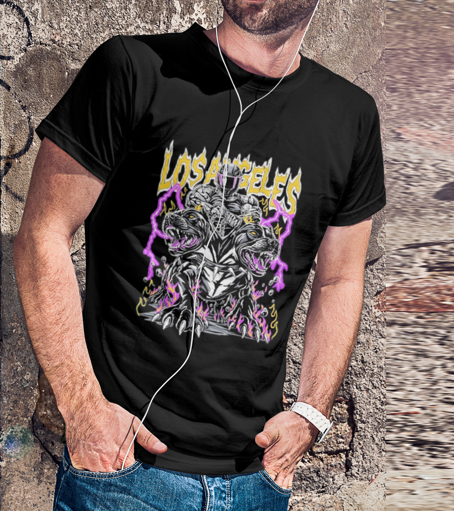 Los Angeles Rider With Two Headed Pitbull And Flames T-Shirt
