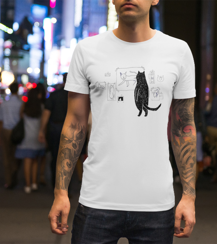 Black Cat Observing Doodle Drawings Of Cats T-Shirt