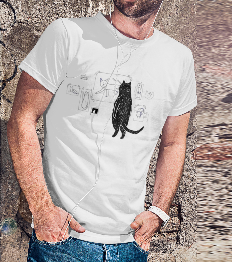 Black Cat Observing Doodle Drawings Of Cats T-Shirt