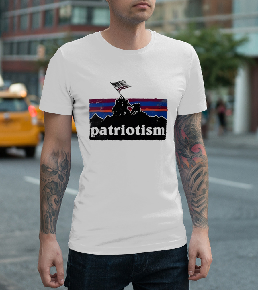 Patriotism Distressed Iwo Jima Flag Raising Retro Stripes T-Shirt