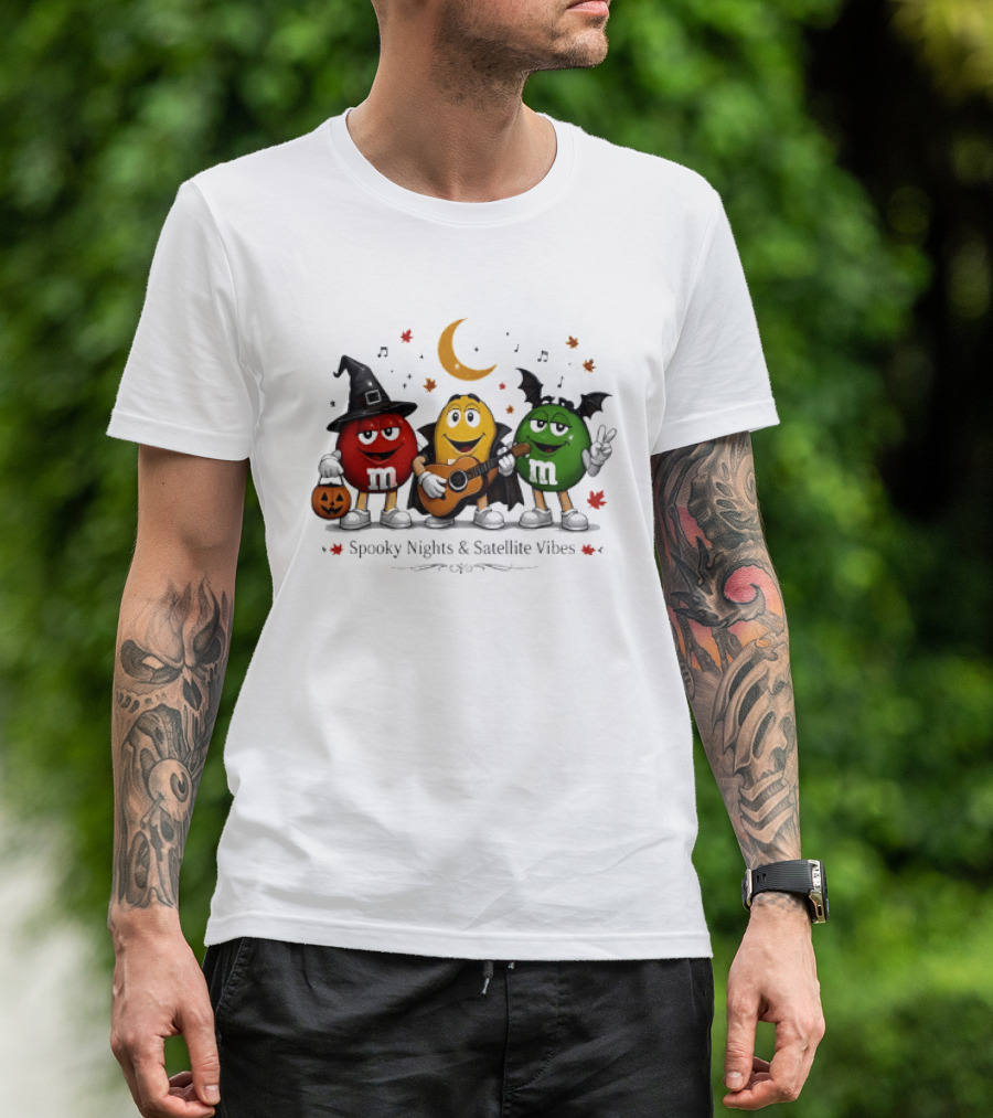 M&M's Spooky Nights & Satellite Vibes Halloween Pumpkin Witch Guitar Bat Moon T-Shirt