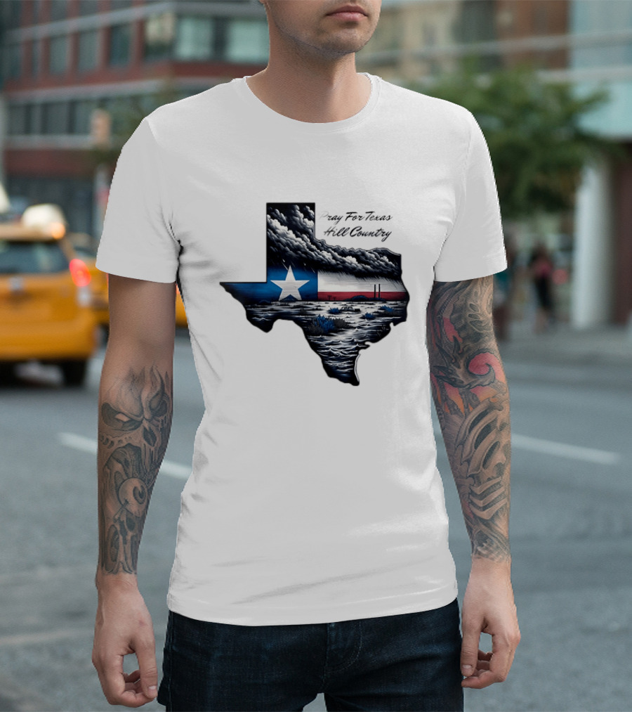 Pray For Texas Hill Country Map Texas Flag Storm Clouds T-Shirt