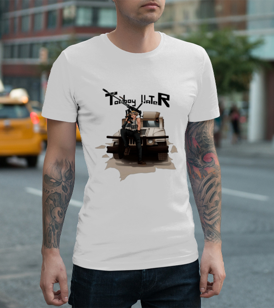 Tomboy Hater Anime Character With Gun And Armored Vehicle T-Shirt