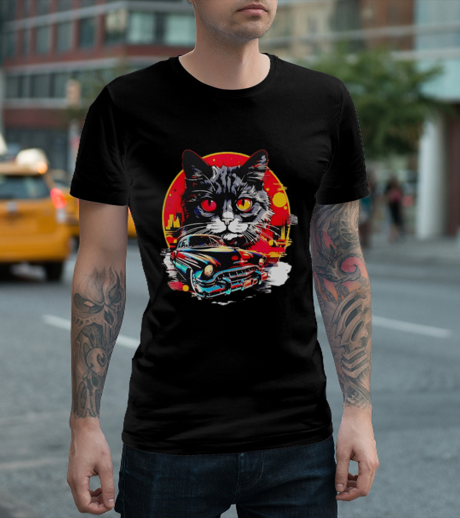 Black Cat With Vintage Classic Car And Retro Sunset T-Shirt