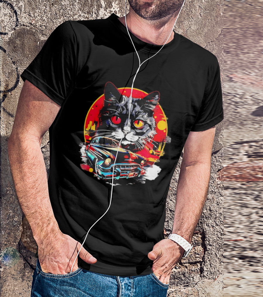 Black Cat With Vintage Classic Car And Retro Sunset T-Shirt