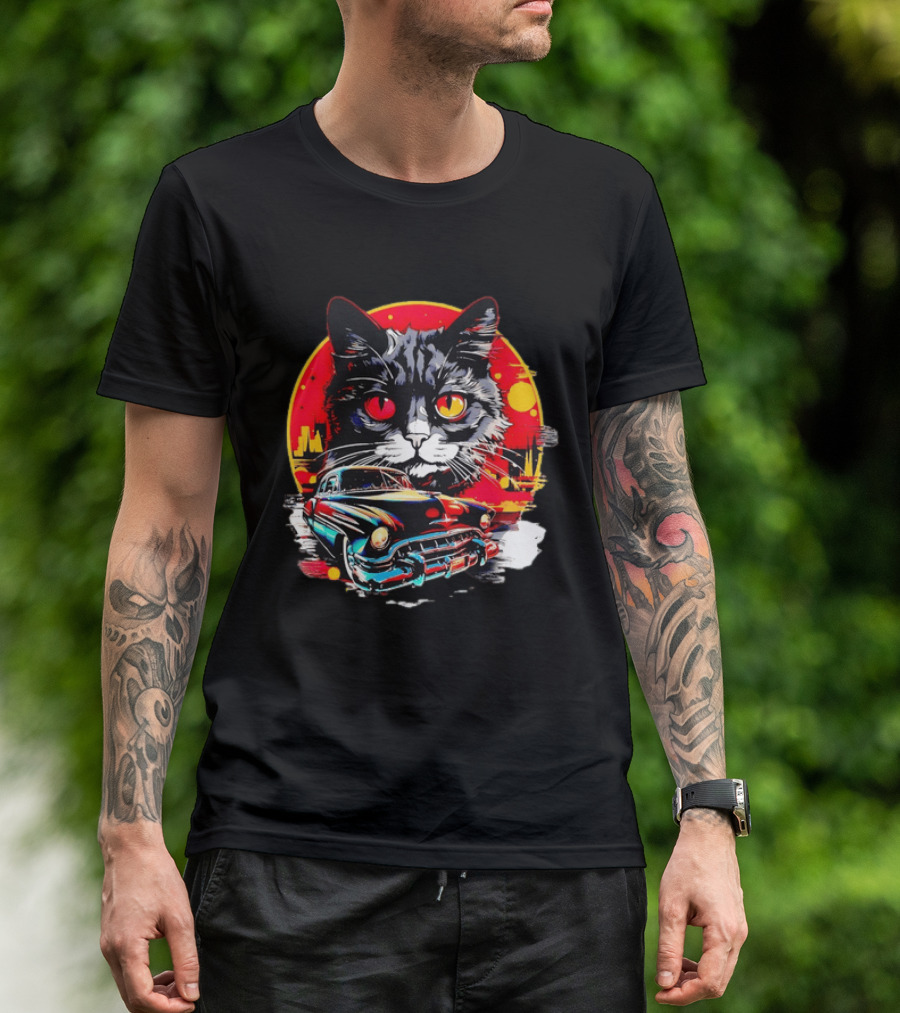 Black Cat With Vintage Classic Car And Retro Sunset T-Shirt