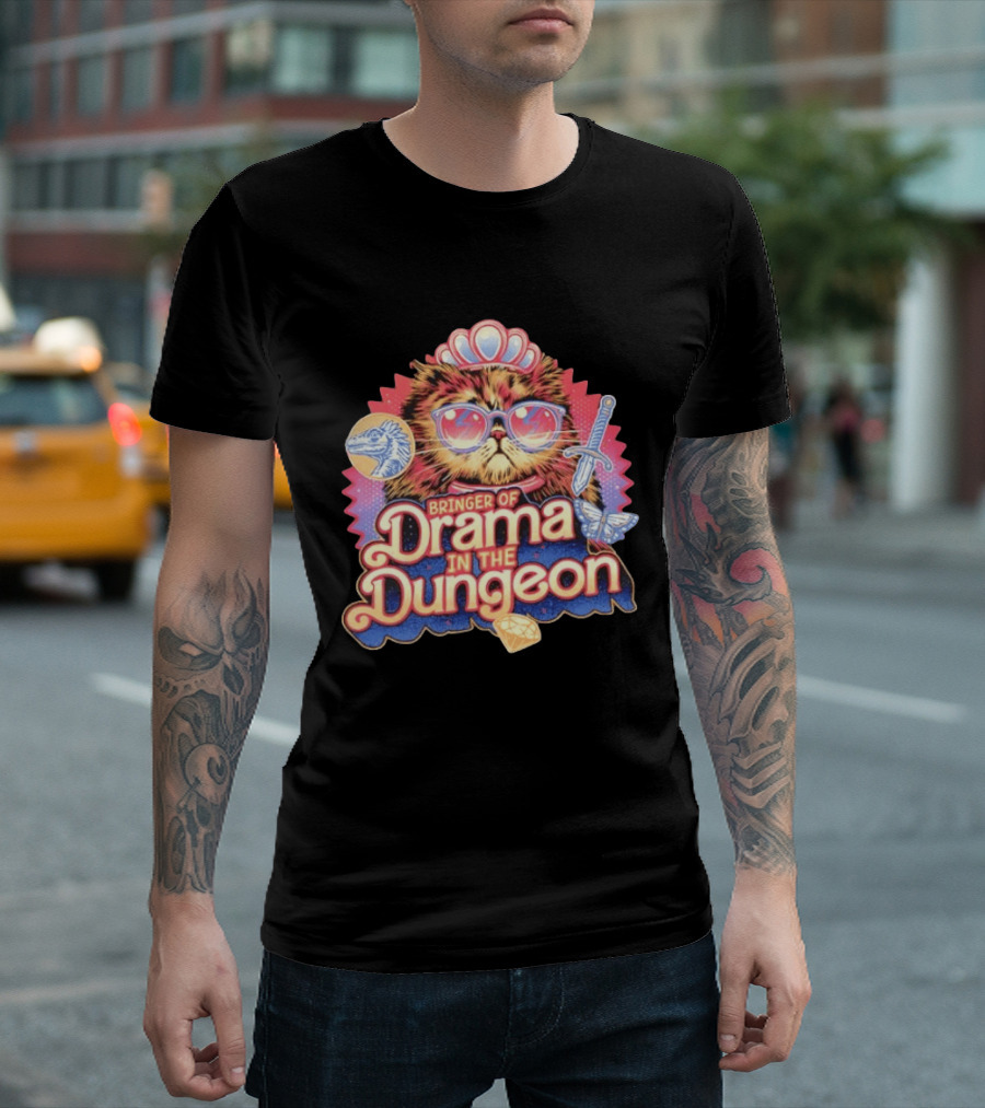 Bringer Of Drama In The Dungeon Cat With Raptor Dagger Butterfly Diamond T-Shirt