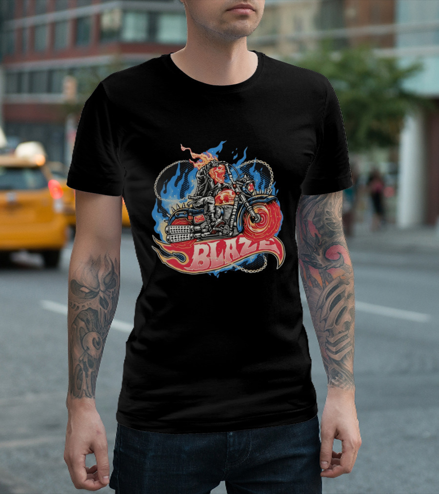 Blaze Flaming Skull Motorcycle Rider Blue Flame T-Shirt