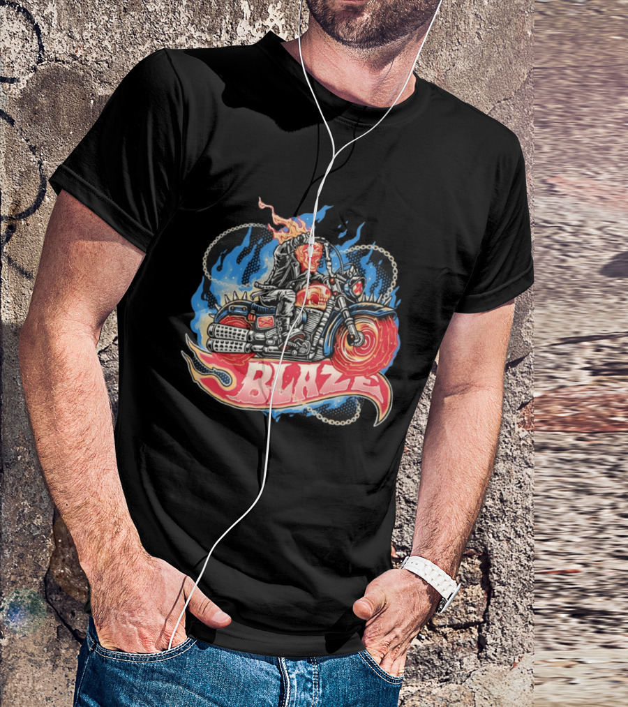 Blaze Flaming Skull Motorcycle Rider Blue Flame T-Shirt