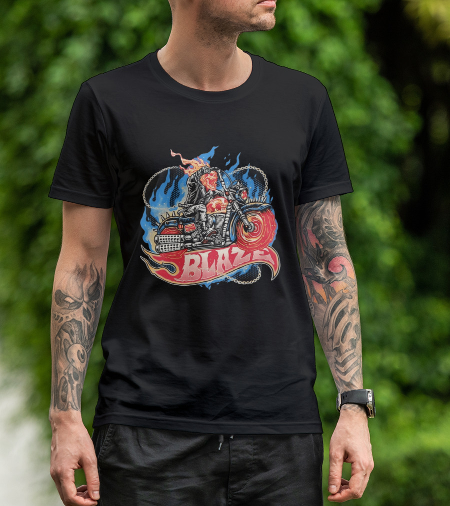 Blaze Flaming Skull Motorcycle Rider Blue Flame T-Shirt