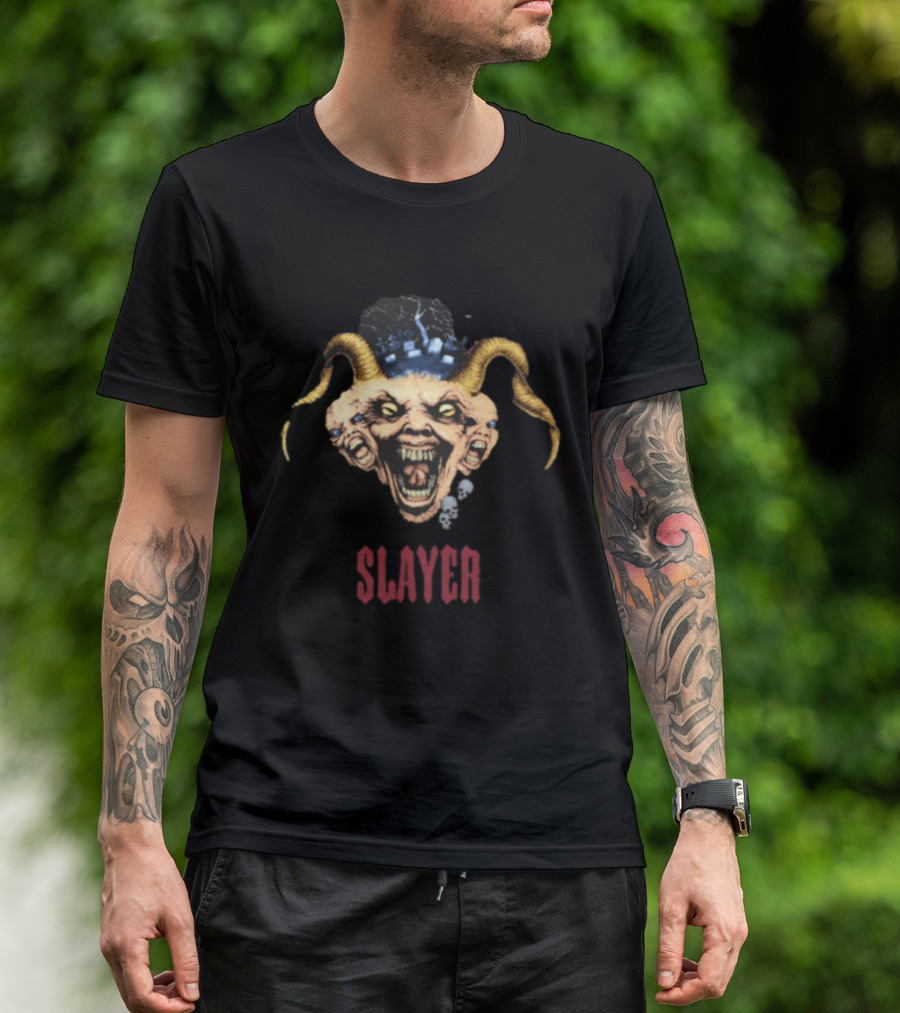 Slayer Triple Demon Head With Horns And Skulls T-Shirt