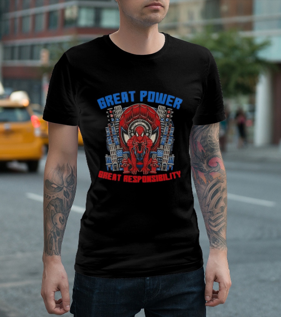 Spider Man Great Power Great Responsibility New York City Marvel T-Shirt